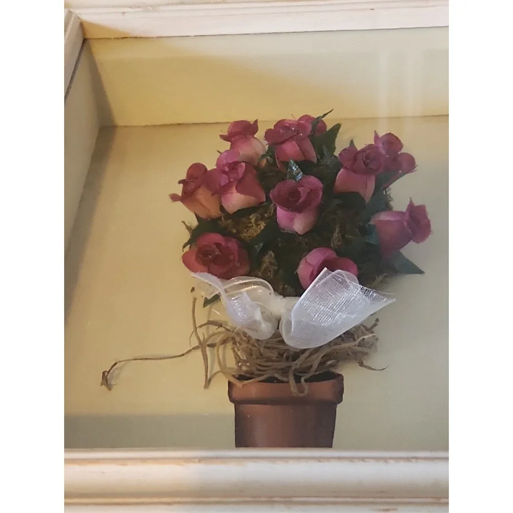 Vintage 1990s Constance Lael Topiary Rose Shadow Box Frame Wall Art Pair Set 2